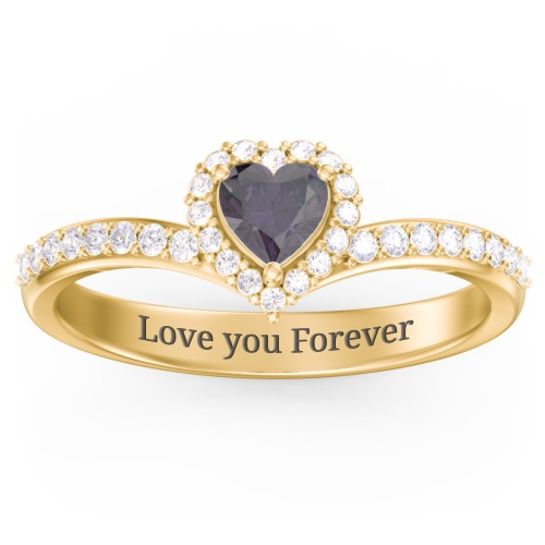 V-Shaped Halo Heart Ring with Accented Band – 18K Gold Plated Silver with Alexandrite and White Premium Zirconia
