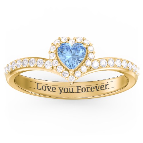 V-Shaped Halo Heart Ring with Accented Band – 18K Gold Plated Silver with Blue Topaz and White Premium Zirconia