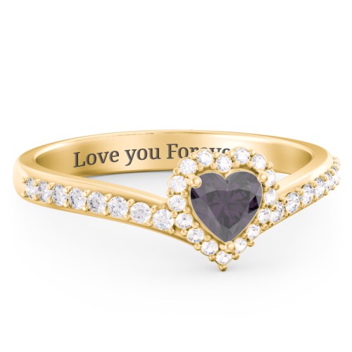 V-Shaped Halo Heart Ring with Accented Band – 18K Gold Plated Silver with Alexandrite and White Premium Zirconia