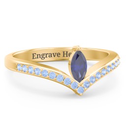 Marquise Birthstone V-Shape Ring With Accents in 18K Gold Plated Silver with Blue Sapphire and Fancy Blue Premium Zirconia