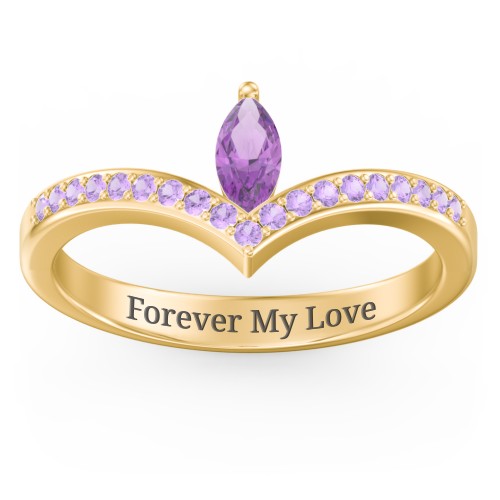 Marquise Birthstone V-Shape Ring With Accents – 18K Gold Plated Silver with Amethyst and Amethyst Premium Zirconia