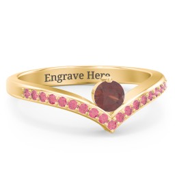Round Birthstone V-Shape Ring With Accents in 18K Gold Plated Silver with Garnet and Red Premium Zirconia