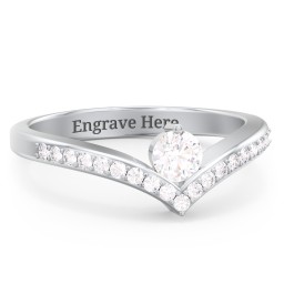 Round Birthstone V-Shape Ring With Accents in 925 Sterling Silver with White Premium Zirconia