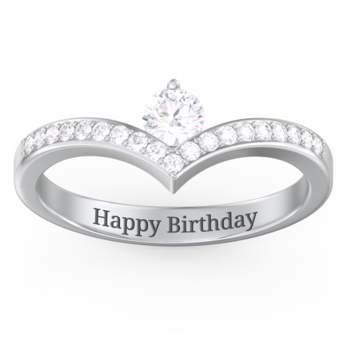 Round Birthstone V-Shape Ring With Accents – Sterling Silver with White Sapphire and White Premium Zirconia
