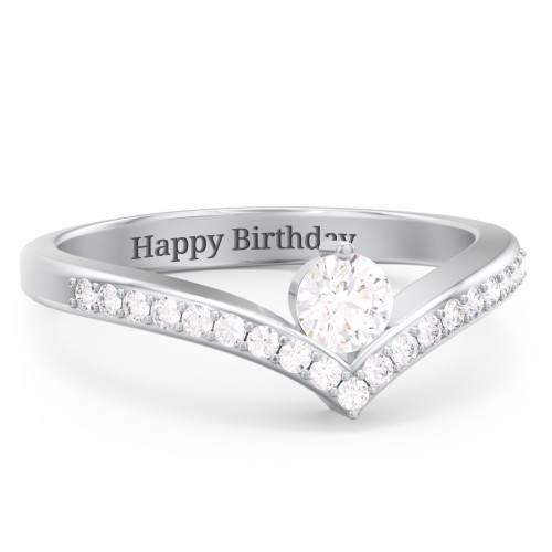 Round Birthstone V-Shape Ring With Accents – Sterling Silver with White Sapphire and White Premium Zirconia
