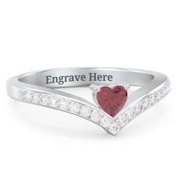 Heart Birthstone V-Shape Ring With Accents in 925 Sterling Silver with Ruby and White Premium Zirconia