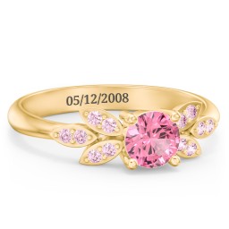 Round Birthstone Ring With Petal Accents in 18K Gold Plated Silver with Pink Tourmaline and Fancy Pink Premium Zirconia