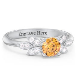 Round Birthstone Ring With Petal Accents in 925 Sterling Silver with Citrine and Diamond