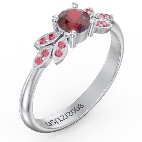 Round Birthstone Ring With Petal Accents – Sterling Silver with Garnet and Red Premium Zirconia