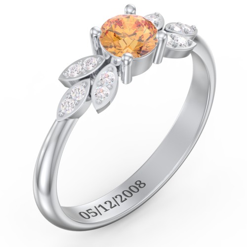 Round Birthstone Ring With Petal Accents – Sterling Silver with Citrine and Diamond
