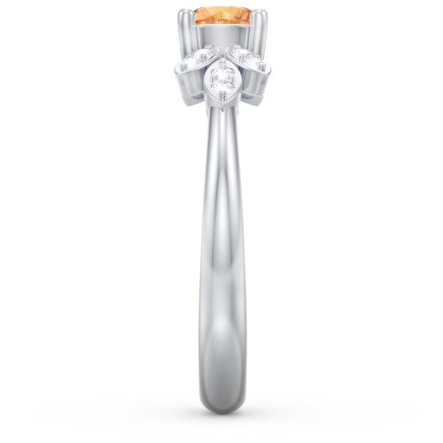 Round Birthstone Ring With Petal Accents – Sterling Silver with Citrine and Diamond