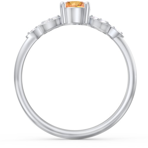 Round Birthstone Ring With Petal Accents – Sterling Silver with Citrine and Diamond