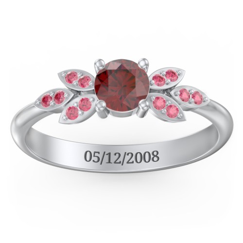 Round Birthstone Ring With Petal Accents – Sterling Silver with Garnet and Red Premium Zirconia