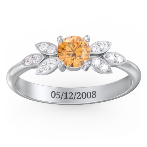 Round Birthstone Ring With Petal Accents – Sterling Silver with Citrine and Diamond