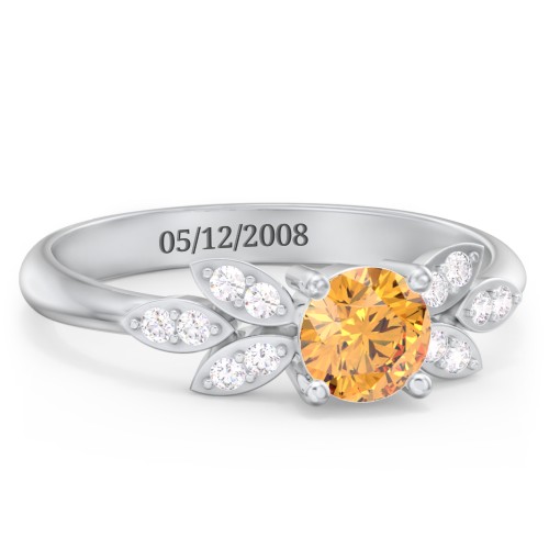 Round Birthstone Ring With Petal Accents – Sterling Silver with Citrine and Diamond