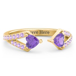 Double Heart Birthstone Open Cuff Ring with Accents in 18K Gold Plated Silver with Amethyst and Amethyst Premium Zirconia