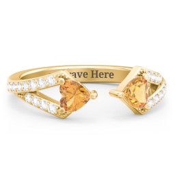 Double Heart Birthstone Open Cuff Ring with Accents in 18K Gold Plated Silver with Citrine and White Premium Zirconia