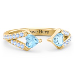 Double Heart Birthstone Open Cuff Ring with Accents in 18K Gold Plated Silver with Blue Topaz and Fancy Blue Premium Zirconia