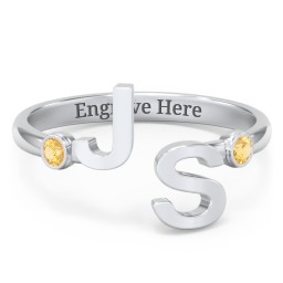 Double Initial Open Cuff Ring with Birthstones