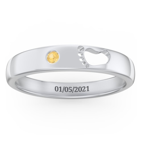 Baby Footprint Cutout Band with Birthstone – Sterling Silver with Citrine