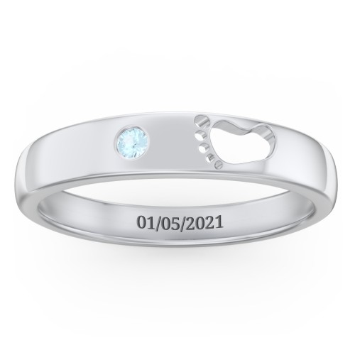 Baby Footprint Cutout Band with Birthstone – Sterling Silver with Blue Topaz