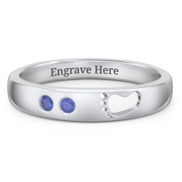 Baby Footprint Cutout Band with 2 Birthstones in 925 Sterling Silver with Blue Sapphire