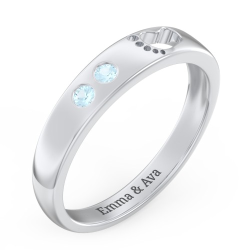 Baby Footprint Cutout Band with 2 Birthstones – Sterling Silver with Blue Topaz