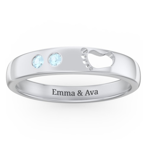 Baby Footprint Cutout Band with 2 Birthstones – Sterling Silver with Blue Topaz
