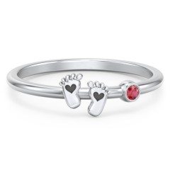 Dainty Baby Feet Ring with Birthstone – 10K White Gold with Garnet