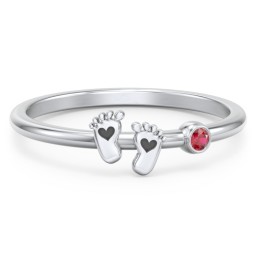 Dainty Baby Feet Ring with Birthstone in 10K Solid White Gold with Garnet