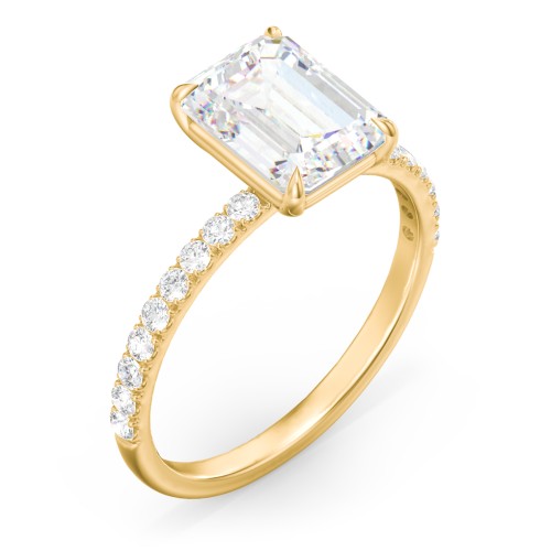 3 ct. (9x7mm) Emerald Moissanite Engagement Ring With 1.5mm Side Stones – 10K Yellow Gold with Moissanite and Lab Diamond
