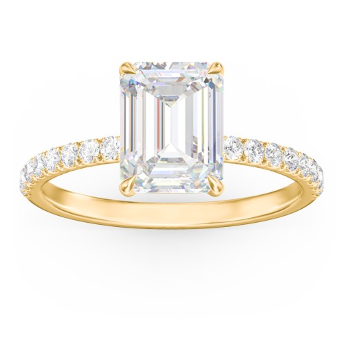 3 ct. (9x7mm) Emerald Moissanite Engagement Ring With 1.5mm Side Stones – 10K Yellow Gold with Moissanite and Lab Diamond