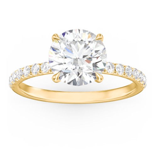 2.5 ct. (8.5mm) Moissanite Engagement Ring With 1.5mm Side Stones – 10K Yellow Gold with Moissanite and Lab Diamond