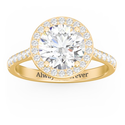 2.5 ct. (8.5mm) Moissanite Halo Engagement Ring with Side Stones – 10K Yellow Gold with Moissanite and Lab Diamond