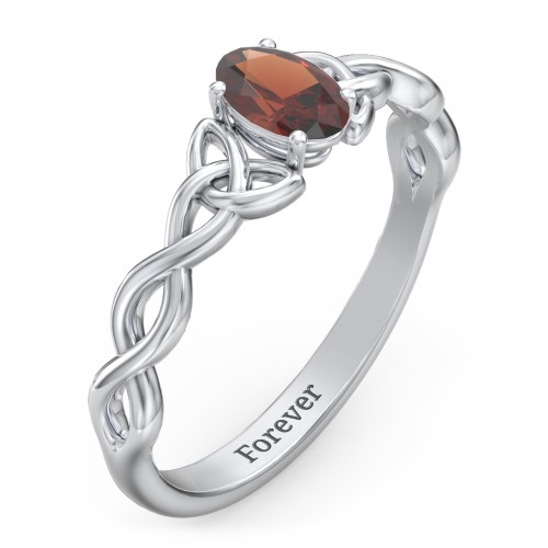 Oval Solitaire Celtic Trinity Knot Engagement Ring – Sterling Silver with Garnet