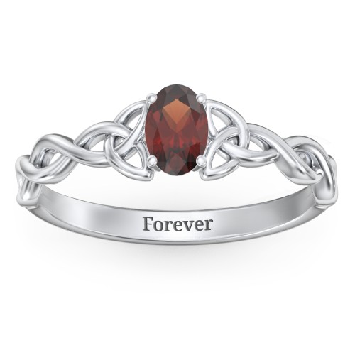 Oval Solitaire Celtic Trinity Knot Engagement Ring – Sterling Silver with Garnet
