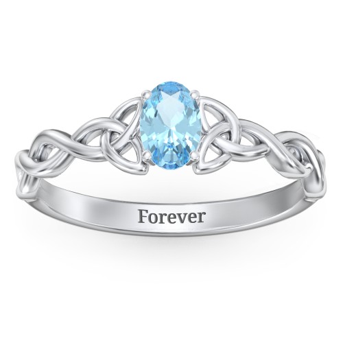 Oval Solitaire Celtic Trinity Knot Engagement Ring – Sterling Silver with Blue Topaz