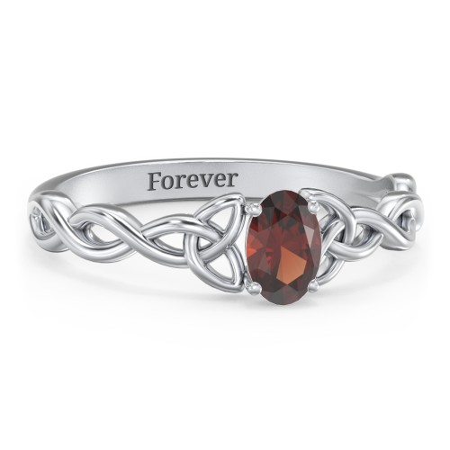 Oval Solitaire Celtic Trinity Knot Engagement Ring – Sterling Silver with Garnet
