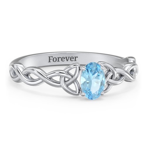 Oval Solitaire Celtic Trinity Knot Engagement Ring – Sterling Silver with Blue Topaz