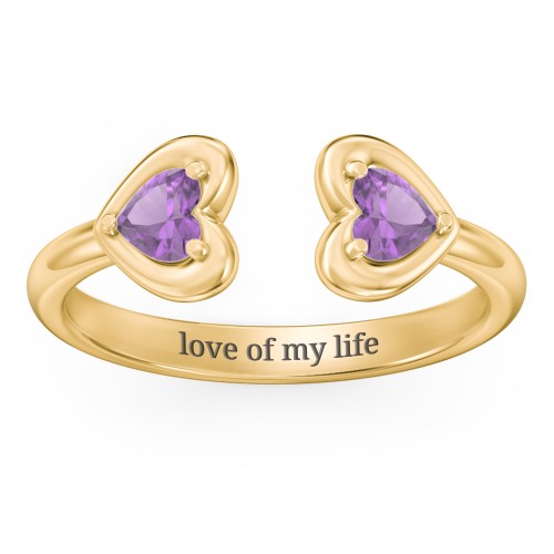 Heart In Heart Gemstone Open Cuff Ring – 18K Gold Plated Silver with Amethyst