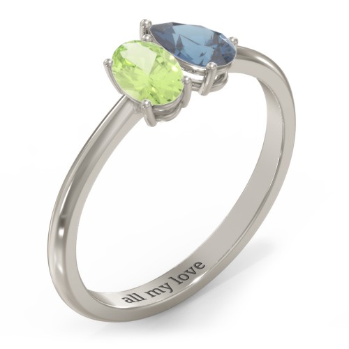 Toi et Moi Oval and Pear Gemstone Ring – 10K White Gold with Peridot and Blue Topaz