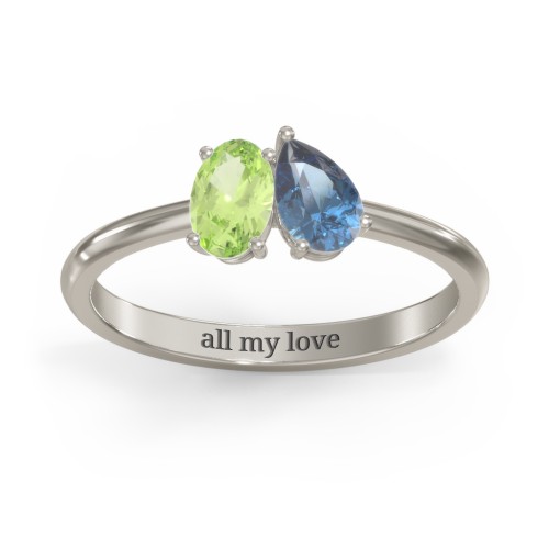 Toi et Moi Oval and Pear Gemstone Ring – 10K White Gold with Peridot and Blue Topaz