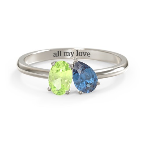 Toi et Moi Oval and Pear Gemstone Ring – 10K White Gold with Peridot and Blue Topaz