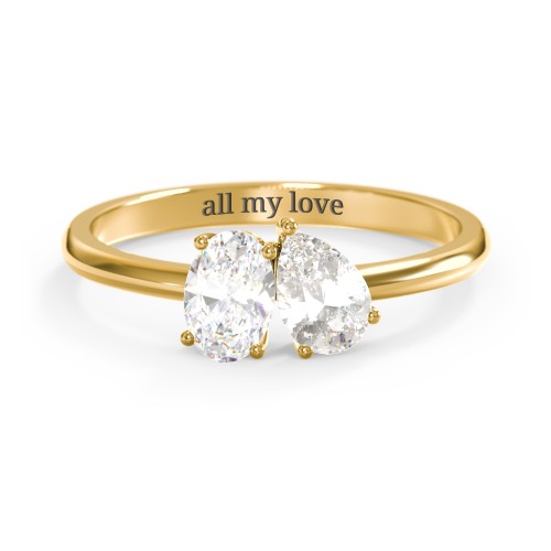 Toi et Moi Oval and Pear Gemstone Ring – 10K Yellow Gold with White Sapphire and Cubic Zirconia