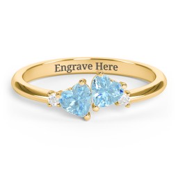 Pair of Hearts Gemstone Promise Ring with Accent Stones in 18K Gold Plated Silver with Blue Topaz and White Premium Zirconia