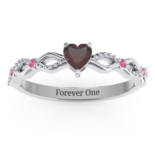 Twisted Vine Gemstone Heart Promise Ring with Accent Stones – Sterling Silver with Garnet and Red Premium Zirconia