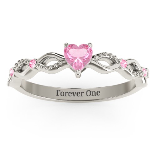 Twisted Vine Gemstone Heart Promise Ring with Accent Stones – 10K White Gold with Pink Tourmaline and Fancy Pink Premium Zirconia