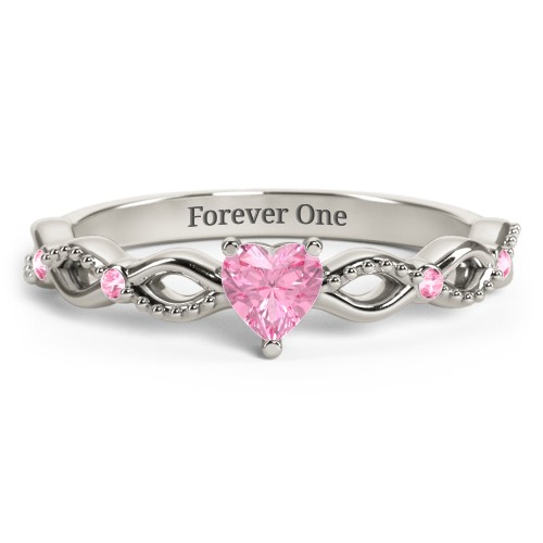 Twisted Vine Gemstone Heart Promise Ring with Accent Stones – 10K White Gold with Pink Tourmaline and Fancy Pink Premium Zirconia
