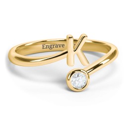 Initial & Birthstone Bypass Ring in 18K Gold Plated Silver with Aquamarine