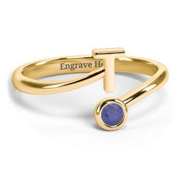 Initial & Birthstone Bypass Ring in 18K Gold Plated Silver with Blue Sapphire